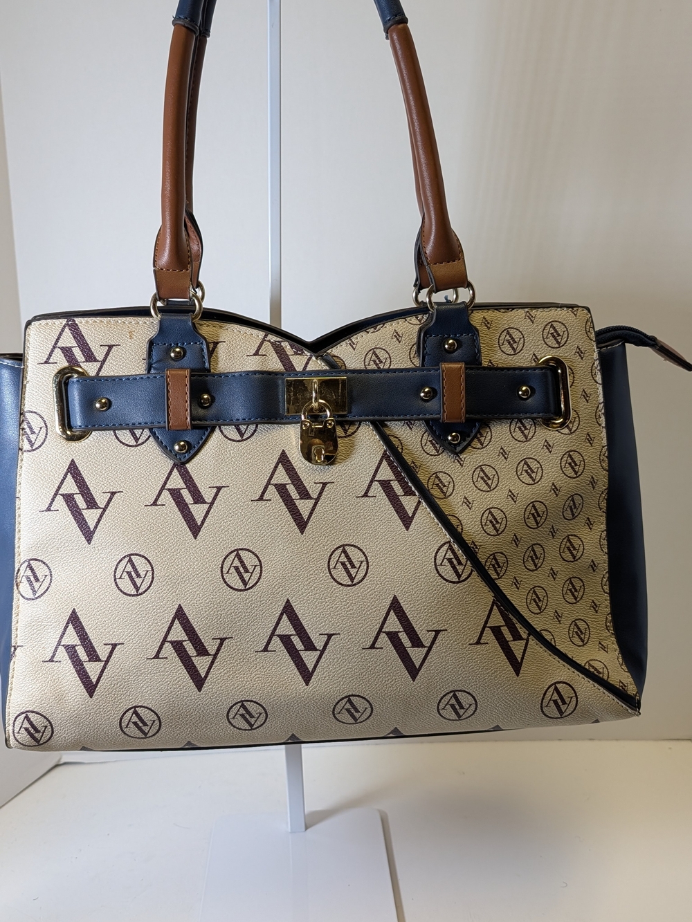 Adrienne Vittadini Beige Canvas Tote with Brown Monogram & Navy Trim